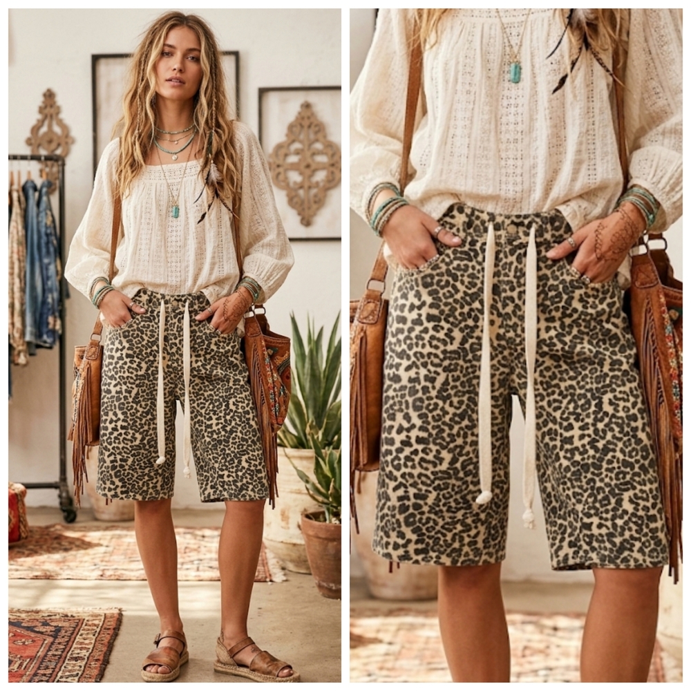Leopard Print Drawstring Bermuda Shorts - Cream &… - image 1
